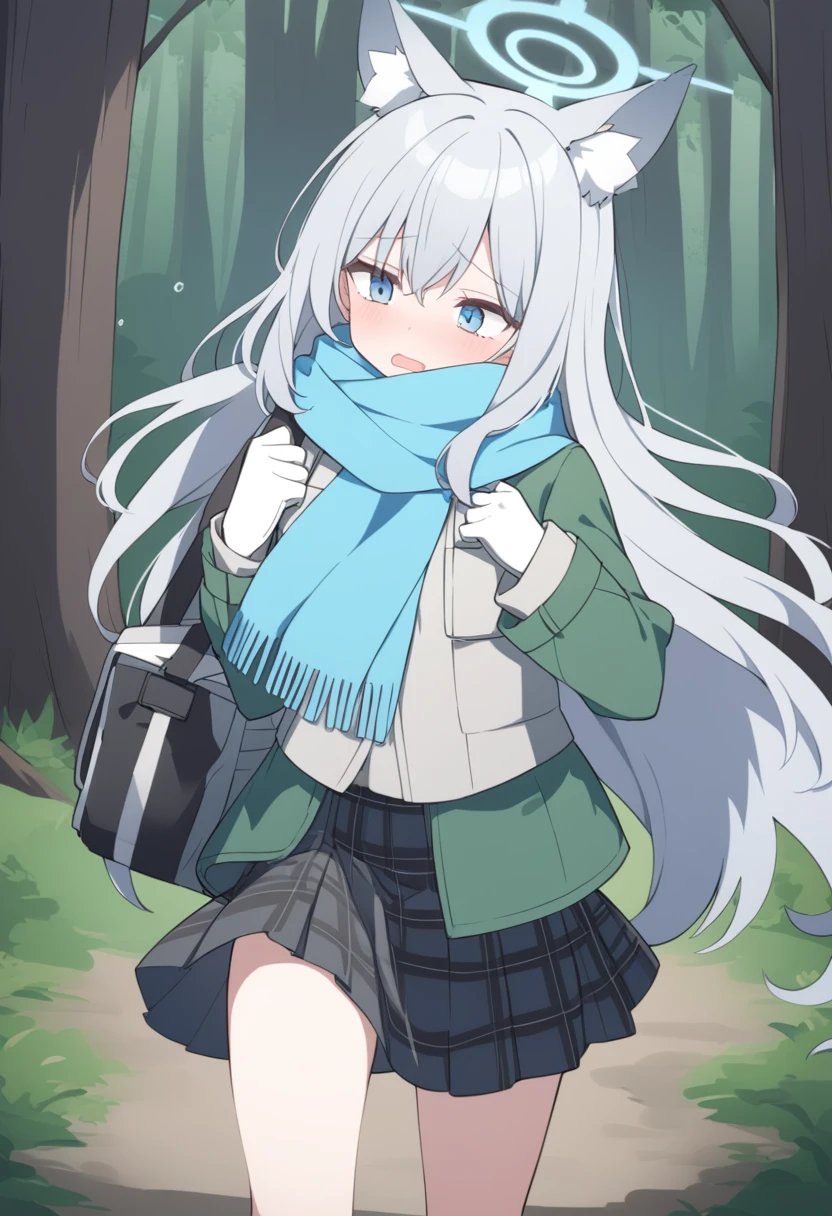 girl，Silver long hair, blue eyes, Wearing green mountaineering clothes,A sky blue scarf, White gloves, And black plaid skirt, Walk in the forest，exhausted, blue halo，Green Hat，Wear your hat，Gray wolf ears，Carrying a black shoulder bag