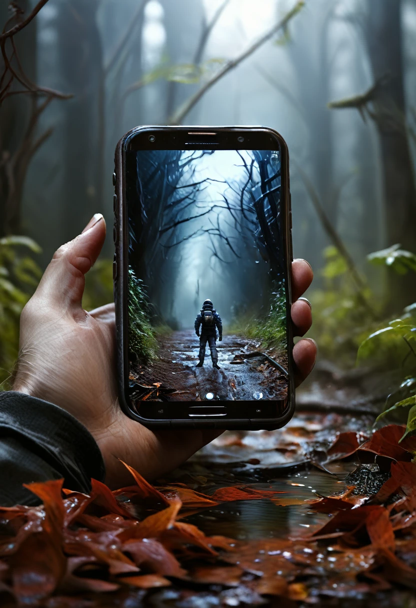 It's very realistic, with a smartphone in your hand and a google map displayed on the smartphone screen, There is a scary space filled with a very frightening atmospherein the depths of the image, The outline of the world appears blurry, outdoor