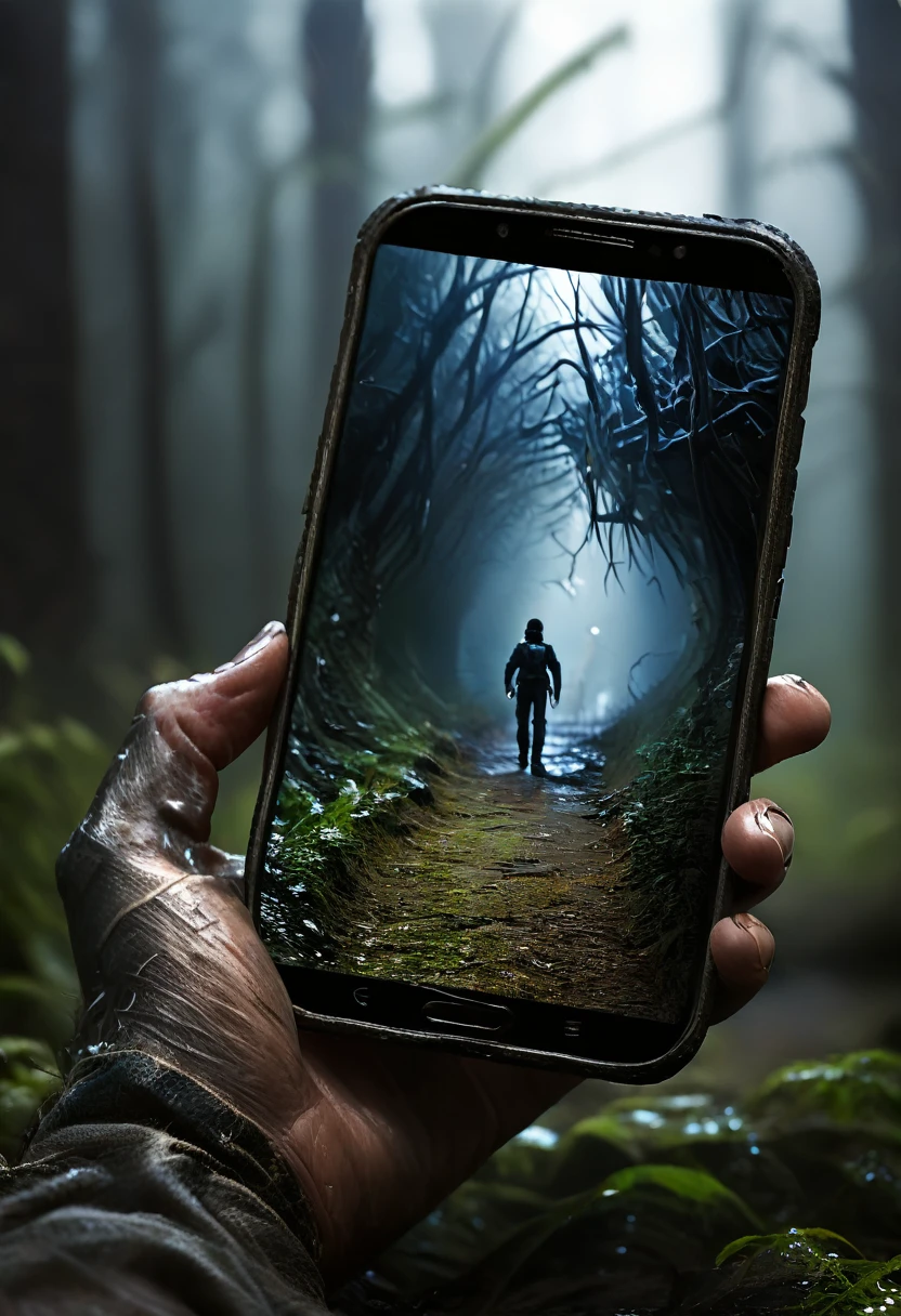 It's very realistic, with a smartphone in your hand and a google map displayed on the smartphone screen, There is a scary space filled with a very frightening atmospherein the depths of the image, The outline of the world appears blurry, outdoor