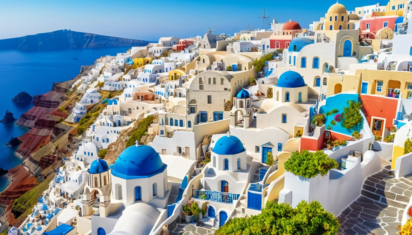 high view of Santorini in Greece, Greek colorful environment, Greece, Mediterranean island landscape, Greek fantasy panorama, Greek architecture, Greek fantasy, incredibly beautiful, Greek style, Mediterranean city, stunning image, masterpiece, 8k, 16k, best quality, high details, high quality, super detail, highres