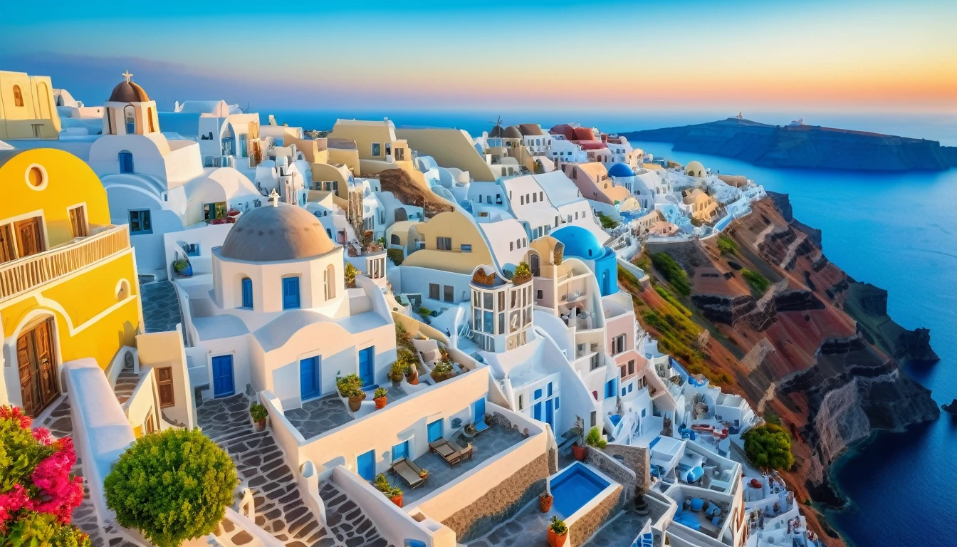 high view of Santorini in Greece, Greek colorful environment, Greece, Mediterranean island landscape, Greek fantasy panorama, Greek architecture, Greek fantasy, incredibly beautiful, Greek style, Mediterranean city, stunning image, masterpiece, 8k, 16k, best quality, high details, high quality, super detail, highres