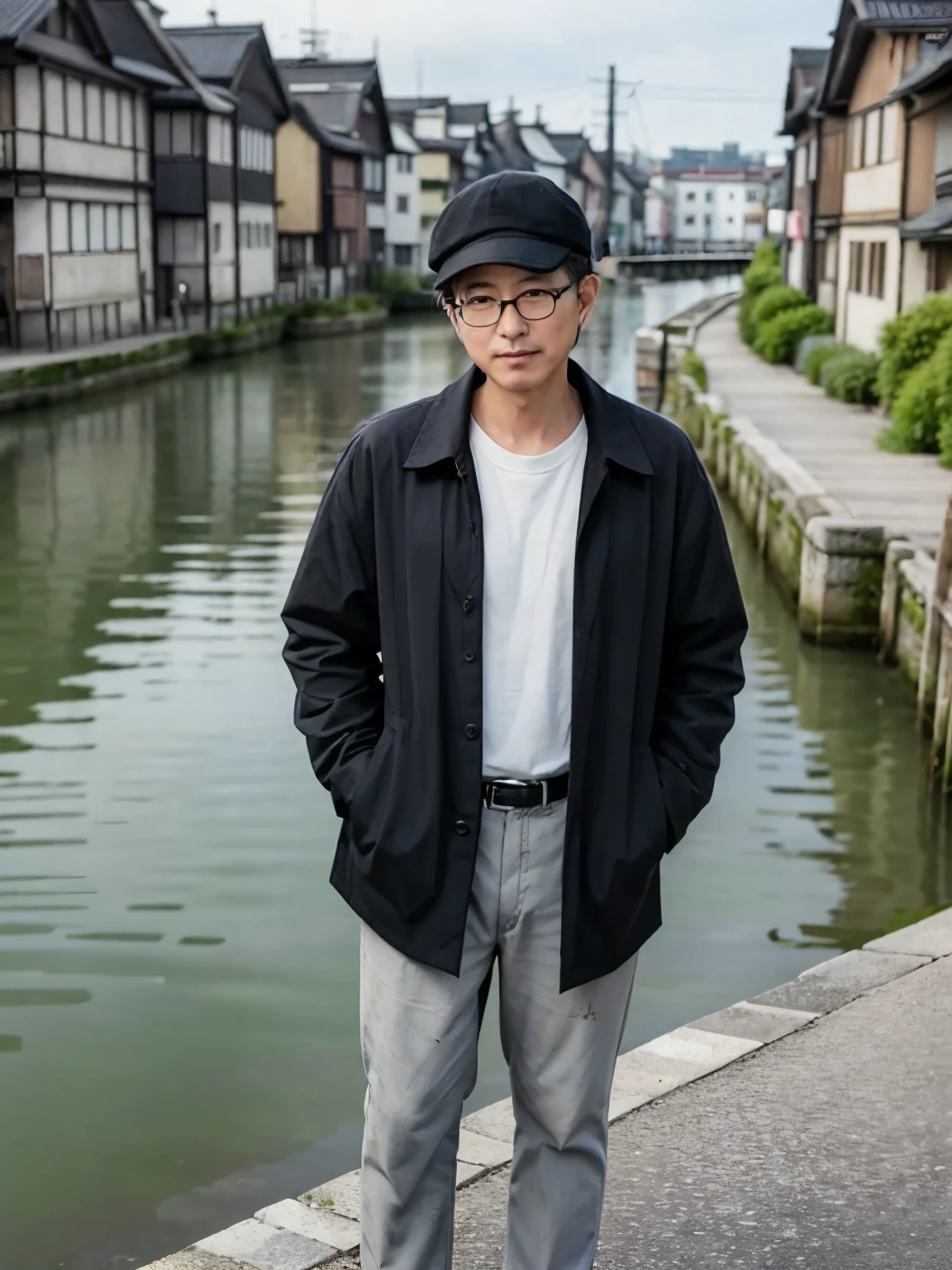 ((A 60-year-old Japanese man.Wearing old-fashioned round-rimmed black glasses.Wearing a light gray fisherman hat.Artistic.painter. top quality.real photos.masterpiece(CG Unity 8K High Detail Photo.Full body image))The background is next to the Otaru Canal in Hokkaido, Japan.You can see the old warehouse by the canal.水彩畫painter.full of artist temperament.Wearing a white shirt and a black jacket.Standing. For photographers.maintain eye contact.with a sincere smile.