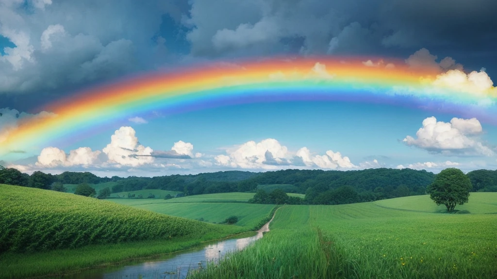 A rainbow in the sky after the rain、Rural landscape、Studio Ghibli、Studio Ghibli風アニメ
