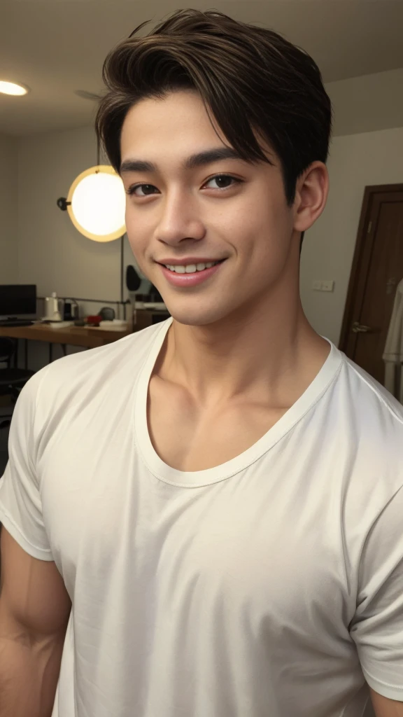 ((Highest quality, 8K, Masterpiece: 1.3))、Cool Thai man, 1A man who has、 yo、Good appearance、Beautiful nose、smile、 Detailed eyes and face、beautiful light、(studio)、high resolution、(Look at the viewer.)、Fine mouth、smile、whole body: 1.5, perfect shape: 1.3, Picture of both shoulders:1.3, White round neck t-shirt:1.5
