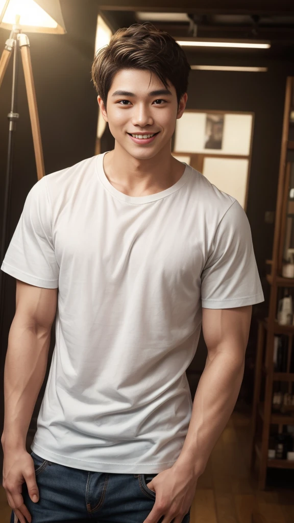 ((Highest quality, 8K, Masterpiece: 1.3))、Cool Thai man, 1A man who has、 yo、Good appearance、Beautiful nose、smile、 Detailed eyes and face、beautiful light、(studio)、high resolution、(Look at the viewer.)、Fine mouth、smile、whole body: 1.5, perfect shape: 1.3, Picture of both shoulders:1.3, White round neck t-shirt:1.5