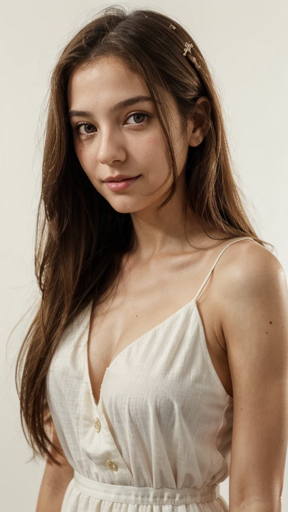 Masterpiece, Best Quality,in front of the viewer, Upper part of the body,middle aged woman,The behavior of the Greek goddess., melon seed face, ((thin eyes)), mole under the eye,Brown eyeballs, thin lips, by rubio, very long hair, closed mouth and smile,40 years, Self Portrait, simple background,White dress,
