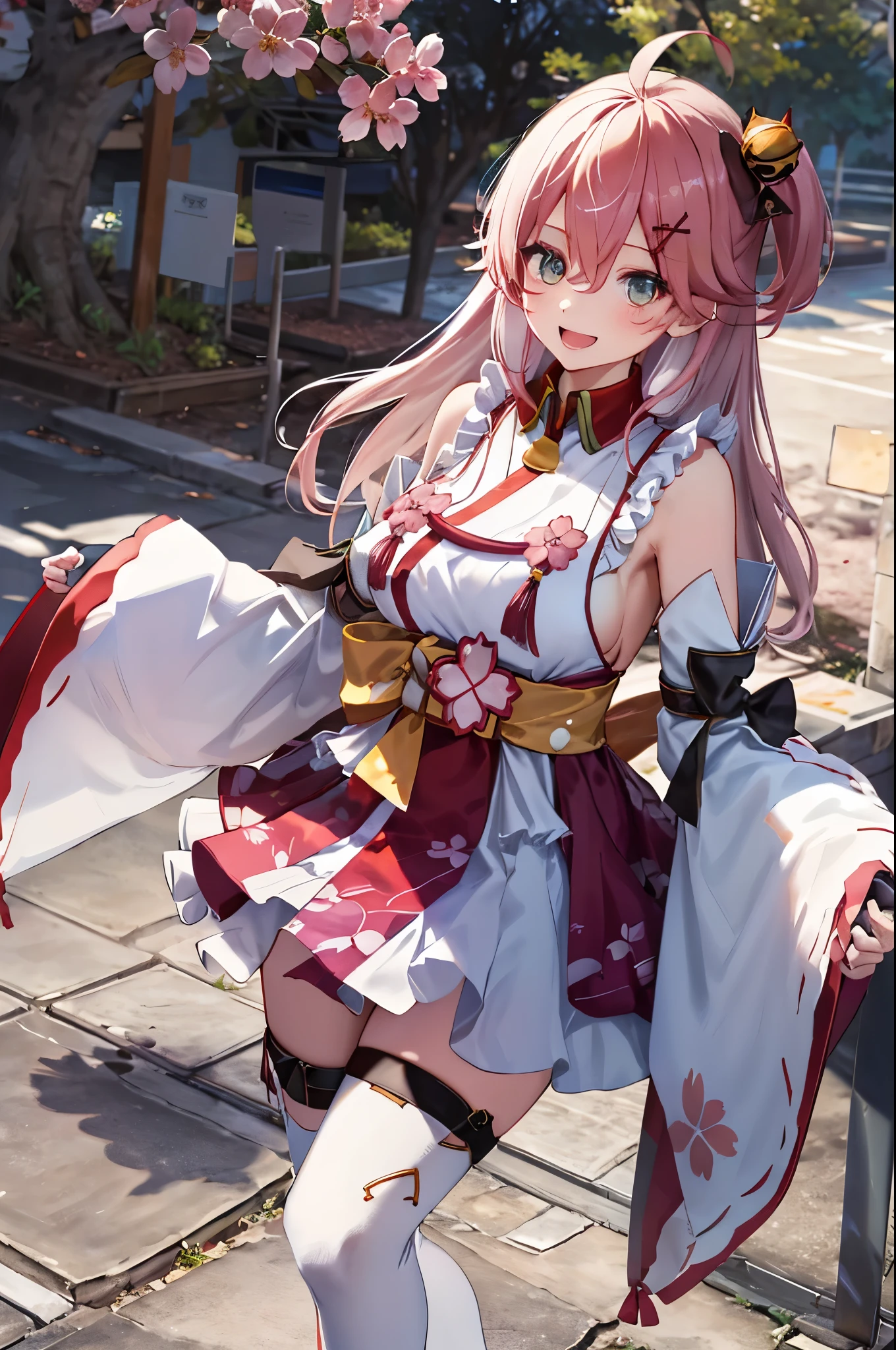 masterpiece, best quality, highres, miko1, sakura_miko, 1girl, big_boobs, solo, ahoge, x_hair_ornament, pink_hair, floral print, hairclip,(side_less_clothes:1.5), (side_boobs:1.5), hair_bell, floral print, long_hair, hair between eyes, one side up, white thighhighs, asymmetrical legwear, wide sleeves, open_mouth,(happy:1.3),gleen_eyes,big_smile,(rise_leg:1.3),plump,apart_legs,(overly_long_sleeves:1.3),),sleeves_past_wrists,hands_hidden_sleeves,sidelock_clothes,dynamic_posing,solo,hidden_wrists,(XD:1.4),covered_nipples,sunlight,cherryblossom_background,