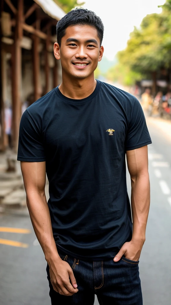 Thai man ,man,He is about 30 years old..,Rough and handsome appearance,large breastsj,Big waistline,buzz cut, angry, sullen, best quality, Masterpiece,(Have muscles:4.5),(best quality,high resolution,Masterpiece:1.2),The eyes are natural and delicate..,1 person,alone,gay asian,muscle,Long legs,brave,short hair details,conjunctivitis ,strong,brown eyes, (outdoor background road :1.5),in the market,sit (dark blue t-shirt:1.3),Jeans ,smile