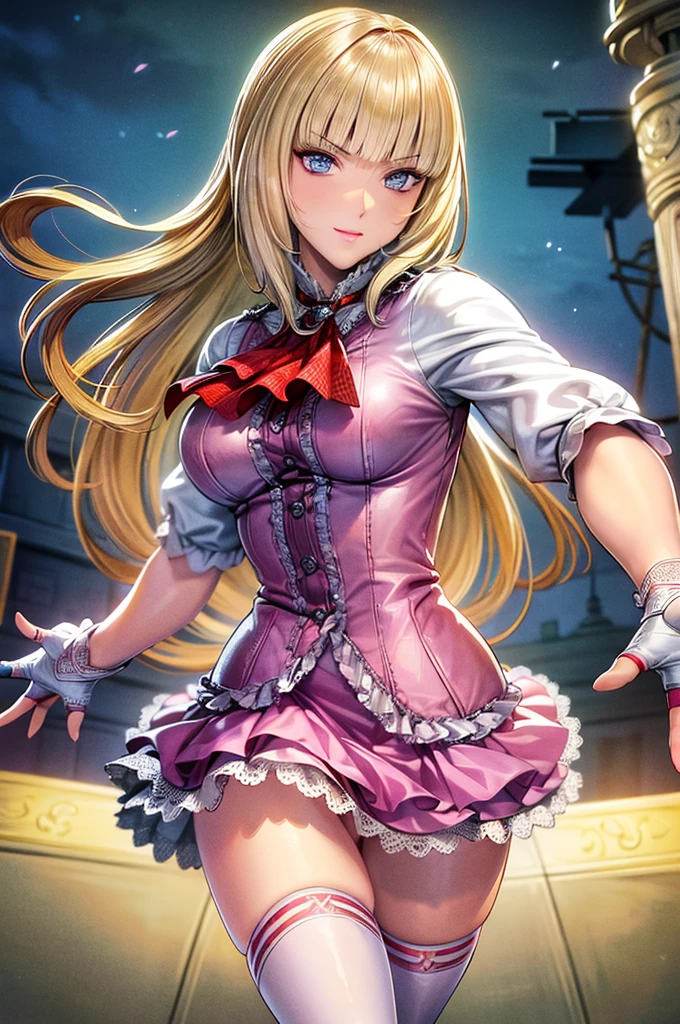 perfect eyes:1.2, detailed eyes:1.4, Emilie T8, blunt bangs, blue eyes, long hair, blonde hair, pink thighhighs, lace-up boots, pink frilled dress, frilled ascot, fingerless gloves, smile, red eyeshadow:1.2, makeup:1.2, cowboy shot, 1girl, solo, (masterpiece:1.6, best quality), 8k, insane details, intricate details, hyperdetailed, hyper quality, high detail, ultra detailed, professional, HDR, ray tracing reflection, cinematic lighting,
