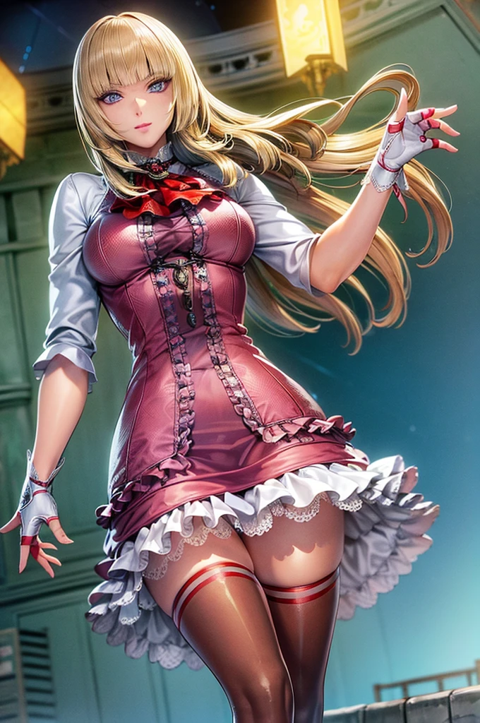 perfect eyes:1.2, detailed eyes:1.4, Emilie T8, blunt bangs, blue eyes, long hair, blonde hair, pink thighhighs, lace-up boots, pink frilled dress, frilled ascot, fingerless gloves, smile, red eyeshadow:1.2, makeup:1.2, cowboy shot, 1girl, solo, (masterpiece:1.6, best quality), 8k, insane details, intricate details, hyperdetailed, hyper quality, high detail, ultra detailed, professional, HDR, ray tracing reflection, cinematic lighting,
