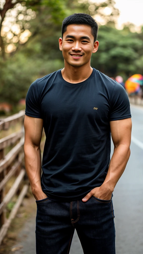 Thai man ,man，He is about 30 years old..，Rough and handsome appearance，large breastsj，Big waistline，buzz cut, angry, sullen, best quality, Masterpiece，（Have muscles：4.5），(best quality,high resolution,Masterpiece:1.2),The eyes are natural and delicate..,1 person,alone,gay asian,muscle,Long legs,brave,short hair details,conjunctivitis ,strong,brown eyes, (outdoor background road :1.5)，in the market，sit (dark blue t-shirt:1.3),Jeans ,smile