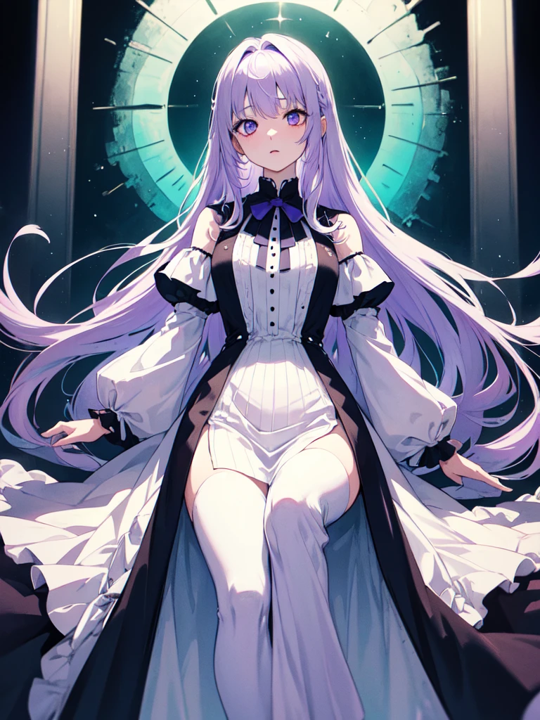 whole body絵, メイド服を着ている and  sketch (Character design sheet, same characters, whole body, Three-View, front, ~ ~ ~ side, return),(Very bright:1.1), White Background, [1 Girl:7], (Tilt your head:1.2), ([sketch|watercolor \(Moderate\)]:1.15),full body, Full bangs, Gradient braided hair, (Light purple hair), (Ink blotches:1.1), (pale:1.2),(Light purple:1.2),(Light green:1.2)　and full body, Artistic elements add depth to the work. The overall atmosphere is creepy and nightmarish..., With a unique artistic touch. This movie is、The dark and crazy world of horror movies depicted in HD., Evoke visual stimuli and aesthetic sense, It will terrify and excite the audience....,watercolor画, （Lightless, Eyes without highlights, Evil Eye, A bad looking person with white eyes, It&#39;s a red eyeliner）,（Mature face,tall, Wearing black tights,Green Eyes, The skin is hidden　and maid, The background is a dark and desolate landscape, Horror movie atmosphere. Her figure is extremely beautiful, Emphasizing the dark and crazy elements. Skillfully expressing the effects of light and shadow, detailed, The face and expression of the black costume are also carefully drawn.
