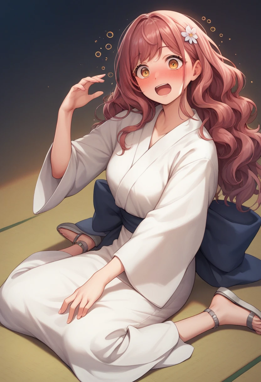 Gorgeous Japanese Mao Abe Hitomi Tanaka show in dark hanfu, long skirt, anime style, anime realism, mixed with Mao Abe Hitomi Tanaka, surprised, drunk, sitting on the ground, golden eyes, wavy red hair woman, twenties, flexible female body, anime style, detailed eyes, detailed hands, detailed face, colors, flower, night,