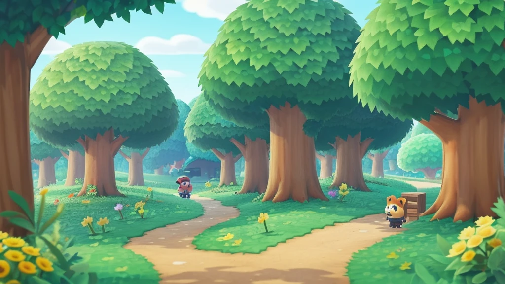 Illustration with a warm image like Animal Crossing The whole forest is green In the distance, small animals are snoozing in the shade of the trees.