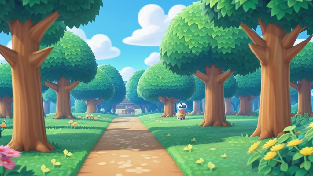 Illustration with a warm image like Animal Crossing The whole forest is green In the distance, small animals are snoozing in the shade of the trees.