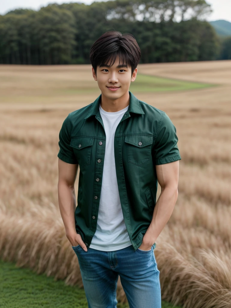 独奏: 1.5, (As a matter of fact, Masterpiece, 8k HD, good light quality, sportswear, fit the face, complicated details), A handsome Korean young man with muscular arms. , 20 years old, be happy, smile brightly, detailed face, delicate eyes, look at the sky, Wear a tight green t-shirt.:1.6 ,Wear a denim coat., jeans period, black eyes, Black hair color, ผมsmooth, smooth，Surreal，Awesome details，Highest quality，real，Open your mouth to talk. , Close your eyes., (standing in the grass:1.5)