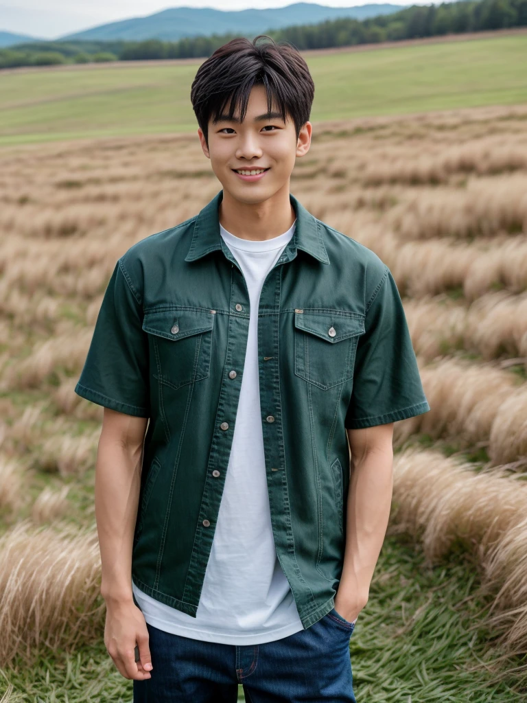 独奏: 1.5, (As a matter of fact, Masterpiece, 8k HD, good light quality, sportswear, fit the face, complicated details), A handsome Korean young man with muscular arms. , 20 years old, be happy, smile brightly, detailed face, delicate eyes, look at the sky, Wear a tight green t-shirt.:1.6 ,Wear a denim coat., jeans period, black eyes, Black hair color, ผมsmooth, smooth,Surreal,Awesome details,Highest quality,real,Open your mouth to talk. , Close your eyes., (standing in the grass:1.5)