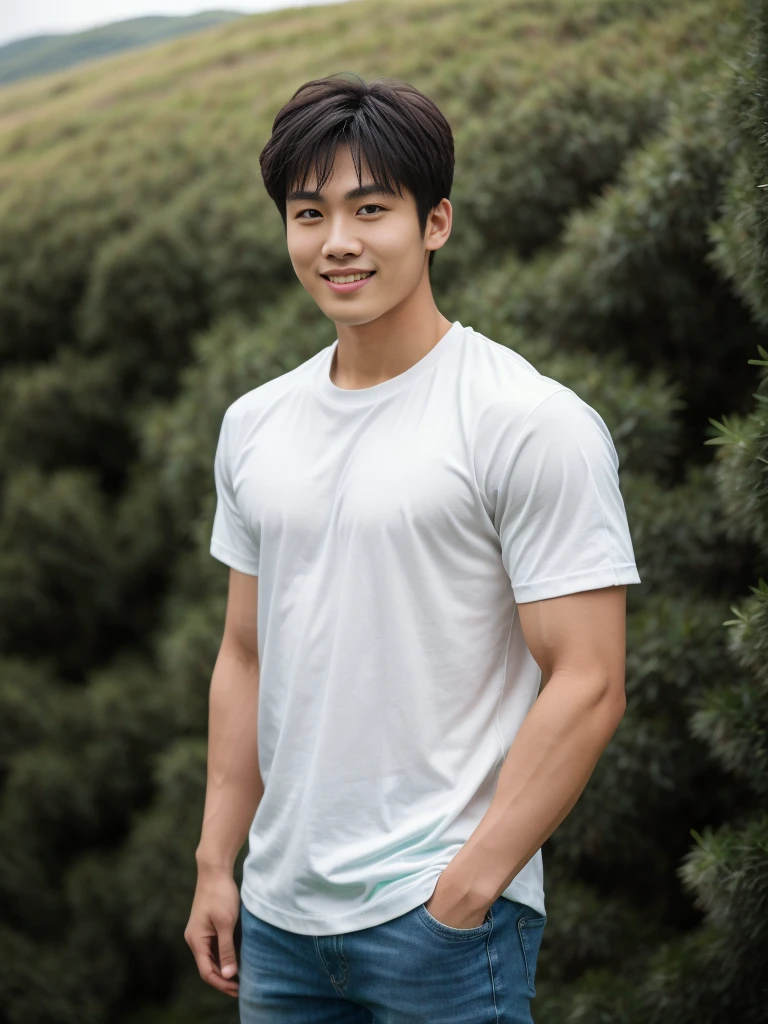 独奏: 1.5, (As a matter of fact, Masterpiece, 8k HD, good light quality, sportswear, fit the face, complicated details), A handsome Korean young man with muscular arms. , 20 years old, be happy, smile brightly, detailed face, delicate eyes, look at the sky, Wear a tight green t-shirt.:1.6 ,Wear a denim coat., jeans period, black eyes, Black hair color, ผมsmooth, smooth,Surreal,Awesome details,Highest quality,real,Open your mouth to talk. , Close your eyes., (standing in the grass:1.5)