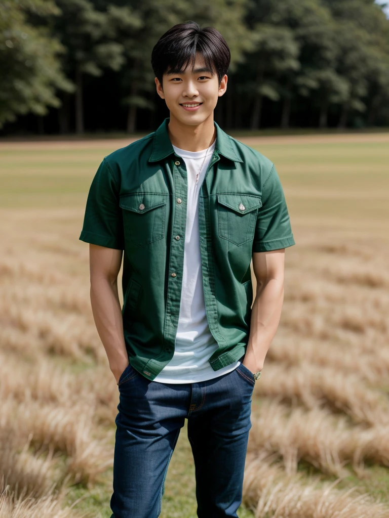 独奏: 1.5, (As a matter of fact, Masterpiece, 8k HD, good light quality, sportswear, fit the face, complicated details), A handsome Korean young man with muscular arms. , 20 years old, be happy, smile brightly, detailed face, delicate eyes, look at the sky, Wear a tight green t-shirt.:1.6 ,Wear a denim coat., jeans period, black eyes, Black hair color, ผมsmooth, smooth,Surreal,Awesome details,Highest quality,real,Open your mouth to talk. , Close your eyes., (standing in the grass:1.5)