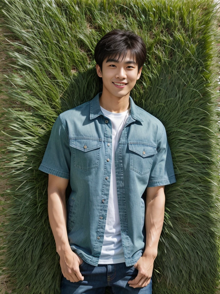 独奏: 1.5, (As a matter of fact, Masterpiece, 8k HD, good light quality, sportswear, fit the face, complicated details), A handsome Korean young man with muscular arms. , 20 years old, be happy, smile brightly, detailed face, delicate eyes, look at the sky, Wear a tight green t-shirt.:1.6 ,Wear a denim coat., jeans period, black eyes, Black hair color, ผมsmooth, smooth，Surreal，Awesome details，Highest quality，real，Open your mouth to talk. , Close your eyes., (standing in the grass:1.5)