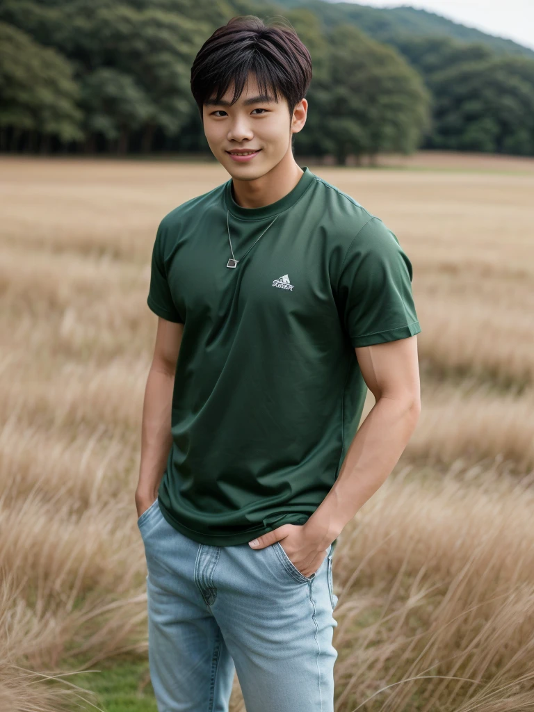 独奏: 1.5, (As a matter of fact, Masterpiece, 8k HD, good light quality, sportswear, fit the face, complicated details), A handsome Korean young man with muscular arms. , 20 years old, be happy, smile brightly, detailed face, delicate eyes, look at the sky, Wear a tight green t-shirt.:1.6 ,Wear a denim coat., jeans period, black eyes, Black hair color, ผมsmooth, smooth,Surreal,Awesome details,Highest quality,real,Open your mouth to talk. , Close your eyes., (standing in the grass:1.5)