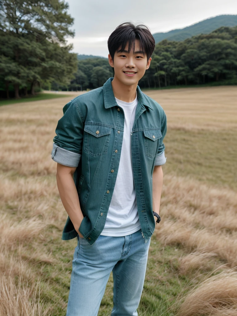 独奏: 1.5, (As a matter of fact, Masterpiece, 8k HD, good light quality, sportswear, fit the face, complicated details), A handsome Korean young man with muscular arms. , 20 years old, be happy, smile brightly, detailed face, delicate eyes, look at the sky, Wear a tight green t-shirt.:1.6 ,Wear a denim coat., jeans period, black eyes, Black hair color, ผมsmooth, smooth，Surreal，Awesome details，Highest quality，real，Open your mouth to talk. , Close your eyes., (standing in the grass:1.5)