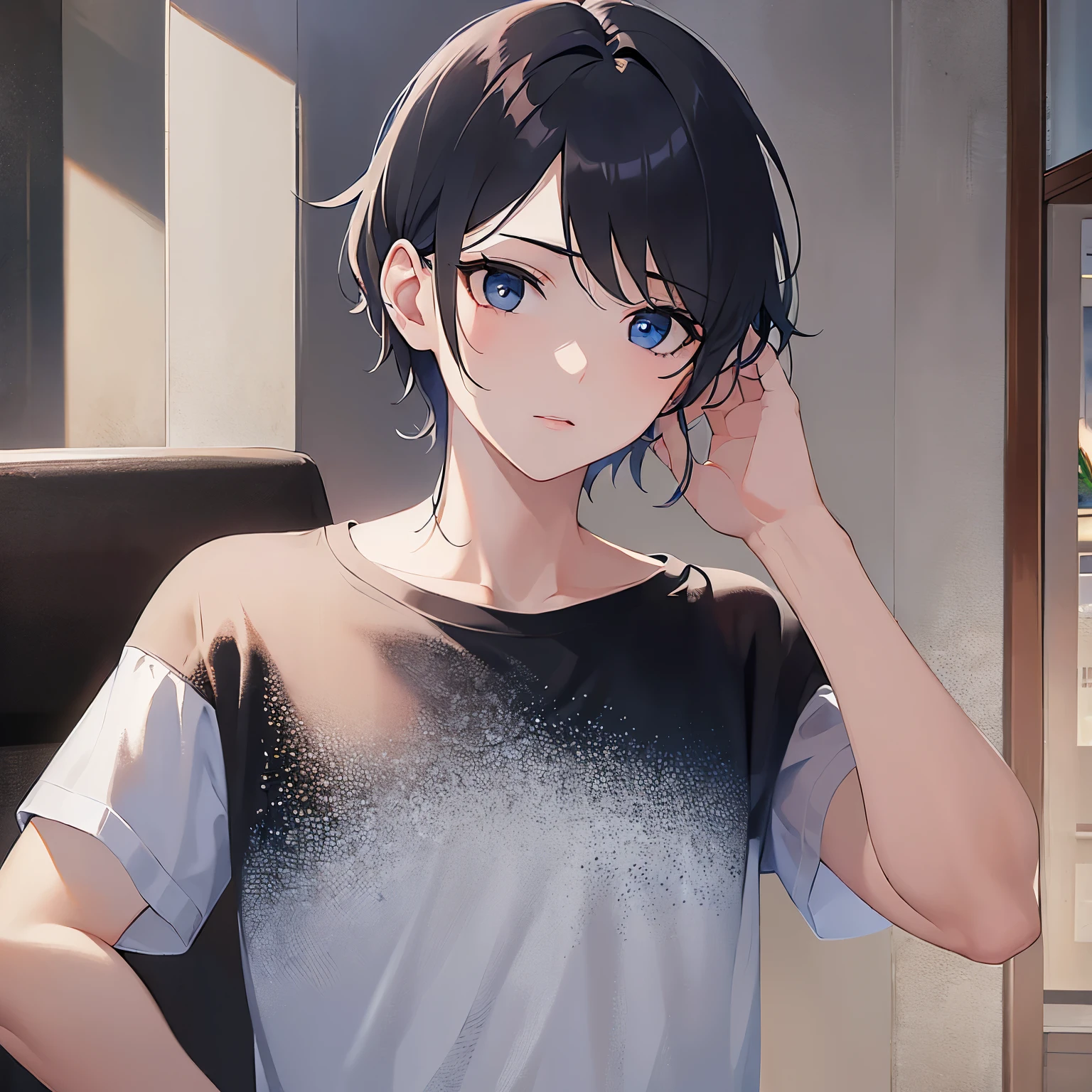 (looking away:1.5),upper body,
shiny skin, masterpiece、Highest quality、(25-year-old male:1.5) and (Black short hair) and (blue eyes)、
(white) and (T-Shirts)、
The background is the living room at night、Sighing、Hands on head、Hands on hips