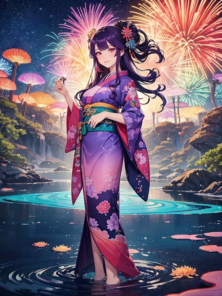 A feminine lady made of glass in a colorful kimono, long purple hair, standing by a vibrant rainbow river with fireworks in the night sky, surrounded by detailed and colorful coral reefs, ukiyo-e style illustration