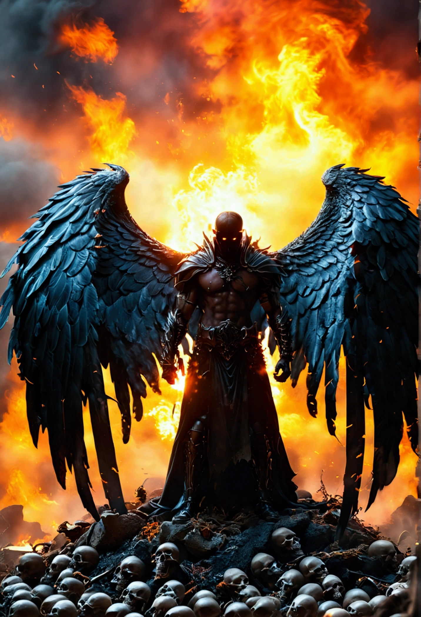 (masterpiece, 8K, UHD, photo-realistic:1.3), Death's Angel, man, (glistening ebony wings:1.4), towering, holding a (sleek scythe:1.2) in grip, cold steel, reflecting flames, standing atop, (mound of skulls:1.3), empty eye sockets, whispers of past souls, fiery backdrop, raging inferno, dancing flames, silhouetting the figure, billowing smoke, crimson hue, intimidating presence, ominous atmosphere, dynamic angle, side view, deep shadows, intricate detailing on wings and attire.