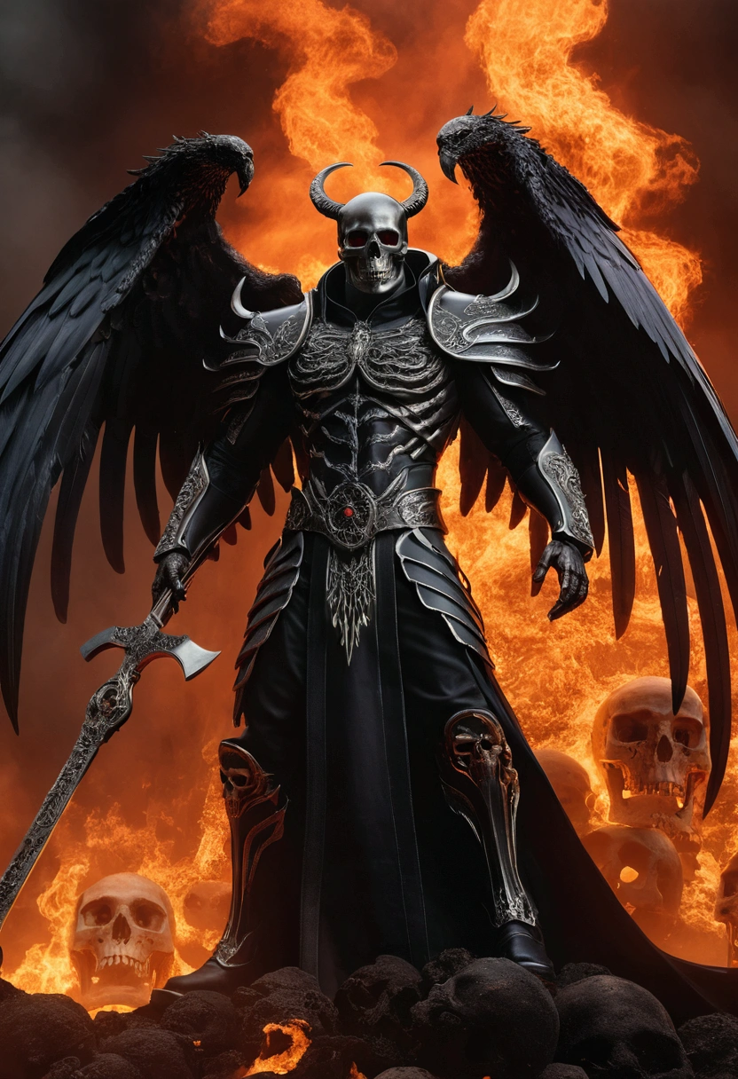 (best quality,4k,8k,highres,masterpiece:1.2),ultra-detailed,(realistic,photorealistic,photo-realistic:1.37),oil painting,colorful,brush strokes,dramatic lighting,horror,skull man warrior,aged paper,aesthetic,dripping ink,gritty texture,dark and moody atmosphere,detailed facial features,expressionless face,intense gaze,weathered armor,worn out sword,ancient runes,crow feathers,ominous background,grim reaper vibes,haunting,creepy,macabre,vintage style,monochrome with sepia tones,contrast,depth,texture,old world charm,subtle decay,aged elegance,cracked paint,weathered detailspeated paint,cracked stone texture,long shadows,dusty appearance,creased edges,sculptural quality