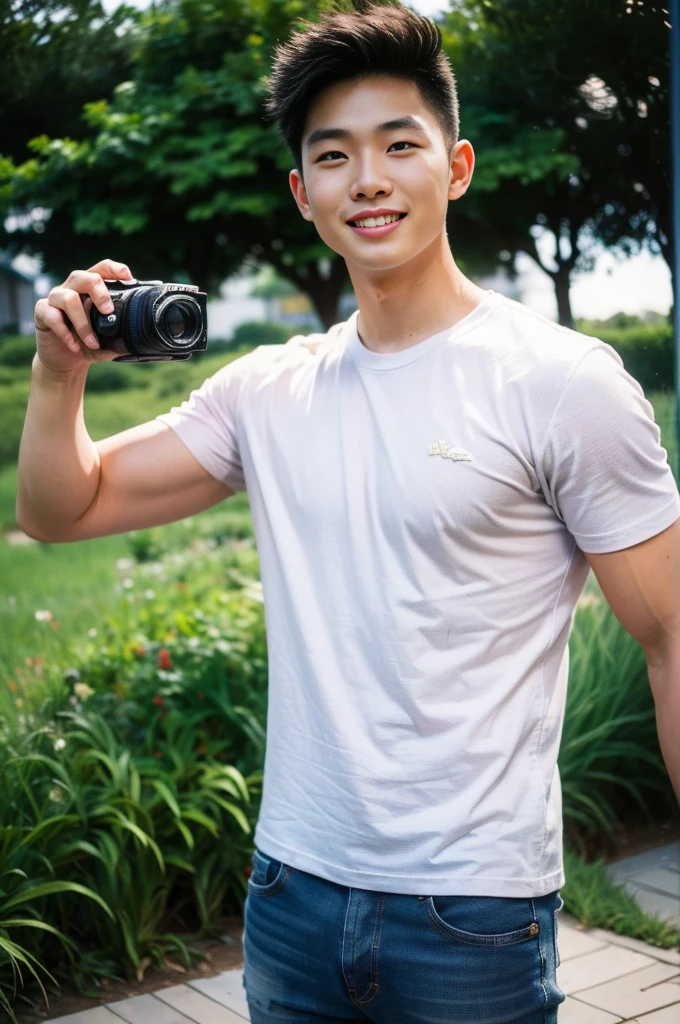 Young Korean man in a white t-shirt and jeans, A handsome, muscular young Asian man looks at the camera. In a simple black and red t-shirt. , Fieldside, grass, beach, sunlight, Carrying a camera, smiling
