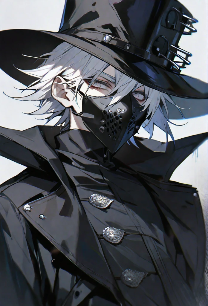 solo, handsome, 1 male, short hair, white color hair, white eyes, black coat, black plague doctor mask, black gloves, black top hat