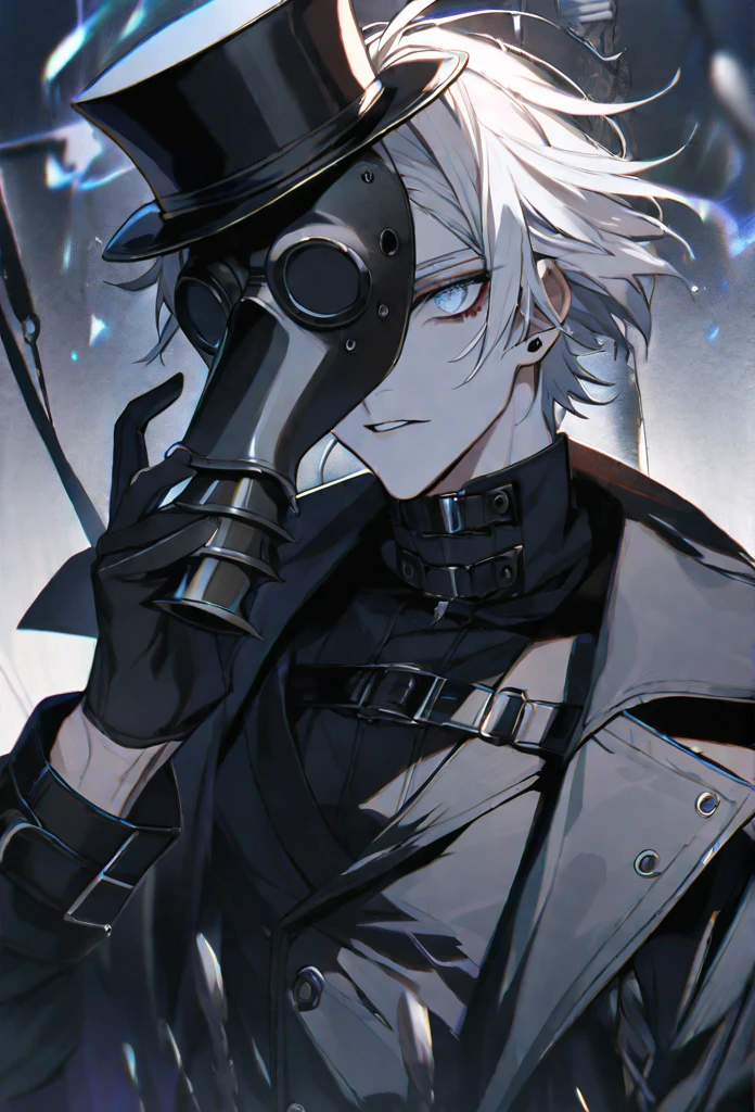 solo, handsome, 1 male, short hair, white color hair, white eyes, black coat, black plague doctor mask, black gloves, black top hat