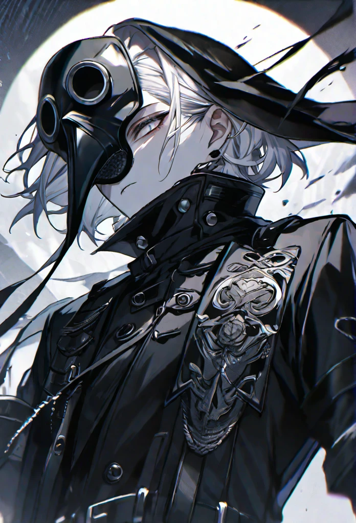 solo, handsome, 1 male, short hair, white color hair, white eyes, black coat, black plague doctor mask, black gloves, black top hat