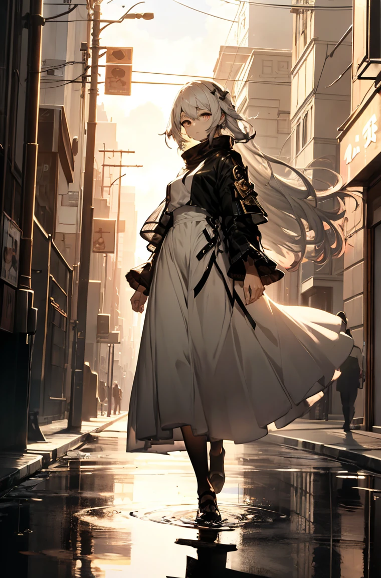 A masterpiece,White shirt，best quality, Illustration style，Large aperture portrait， Anime Girl, beautiful eyes, summer, Wide leg pants, small, Heartwarming, Youthful and beautiful,,Regular Clothes，Black and white,, showing a natural casual style. Dynamic posture contains the golden ratio, China, White space, Strong contrast between light and shadow, Super texture, Super clear and concise pictures, presenting extremely beautiful, Elegant temperament, subtle facial expressions, City background, rain, Road area water reflection，one person