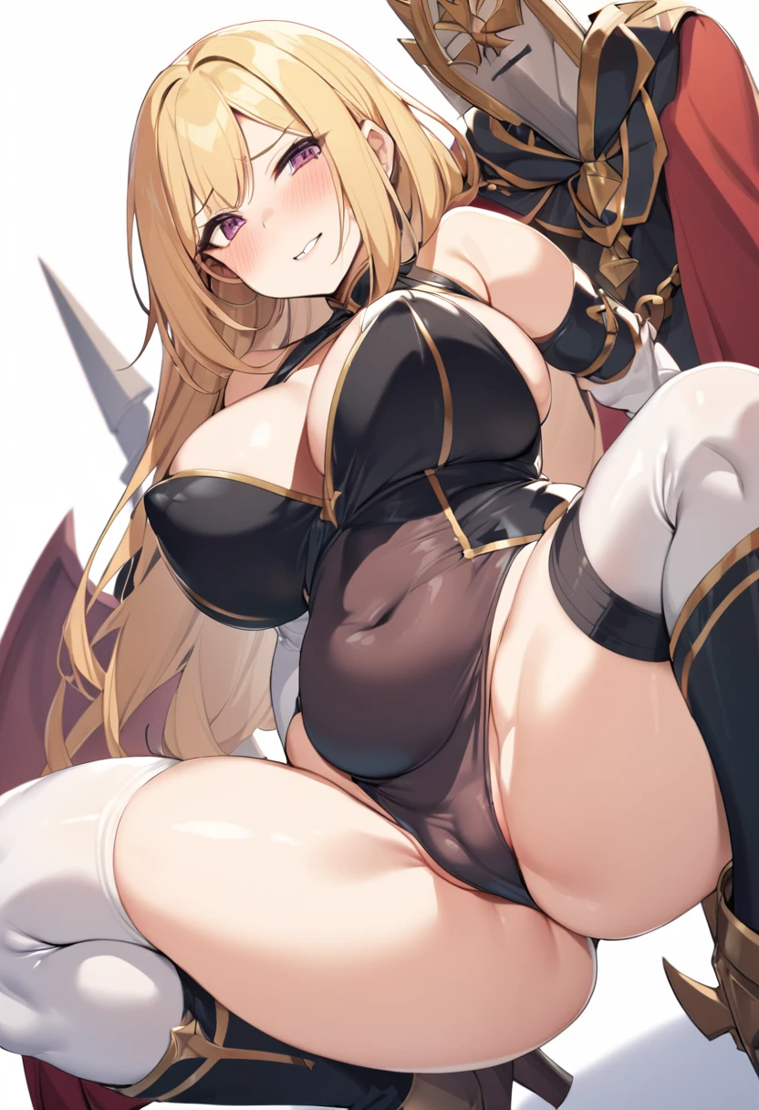 (One girl),(medium length hair),(sidelock),(Blonde),Princess Connect,(huge breasts),(plump)+,(beautiful girl)+,[Big thighs],(slant eyes),pink eye,(Futanari),(boyish),(Satanic Priest),leotard,(thigh-high socks thighhighs),(long gloves),say,(Erotic squatting),see-through ,(White Background:1.5),