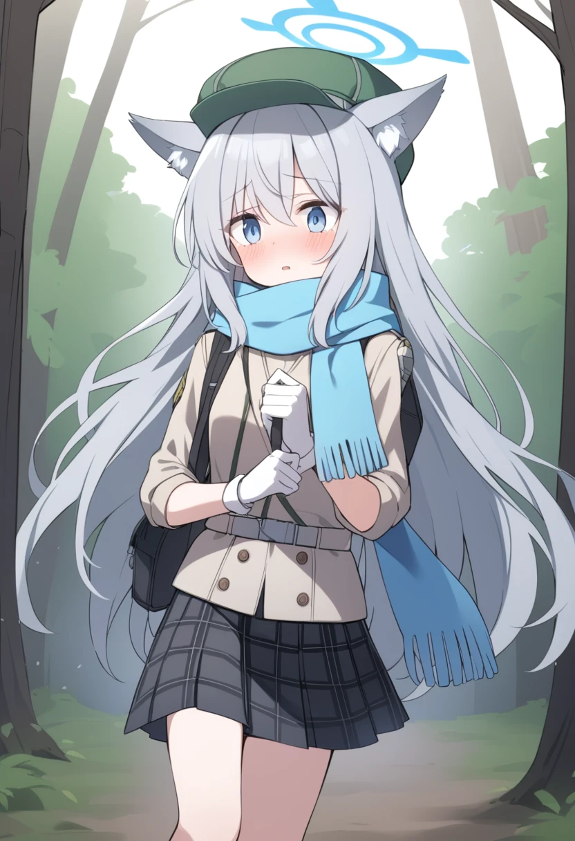 girl,Silver long hair, blue eyes, Wearing green mountaineering clothes,A sky blue scarf, White gloves, And black plaid skirt, Walk in the forest,exhausted, blue halo,Green Hat,Wear your hat,Gray wolf ears,Carrying a black shoulder bag