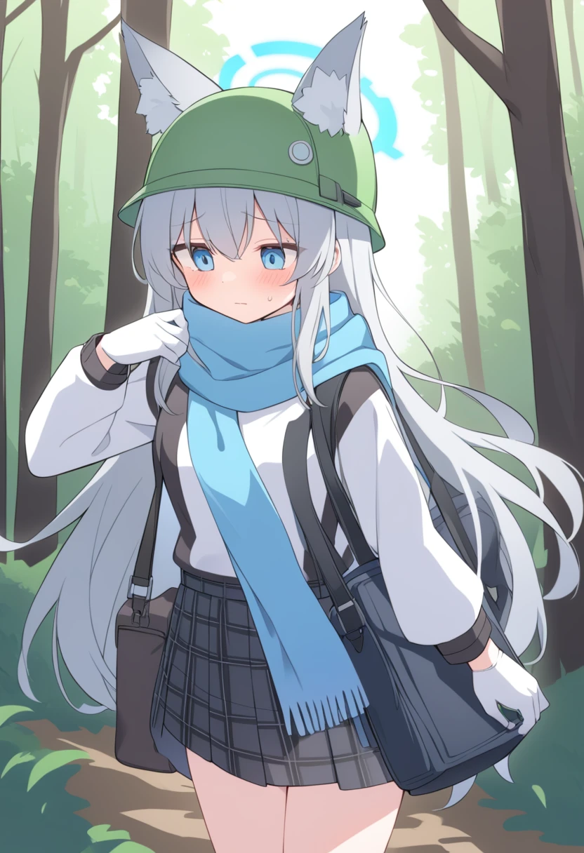 girl,Silver long hair, blue eyes, Wearing green mountaineering clothes,A sky blue scarf, White gloves, And black plaid skirt, Walk in the forest,exhausted, blue halo,Green Hat,Wear your hat,Gray wolf ears,Carrying a black shoulder bag
