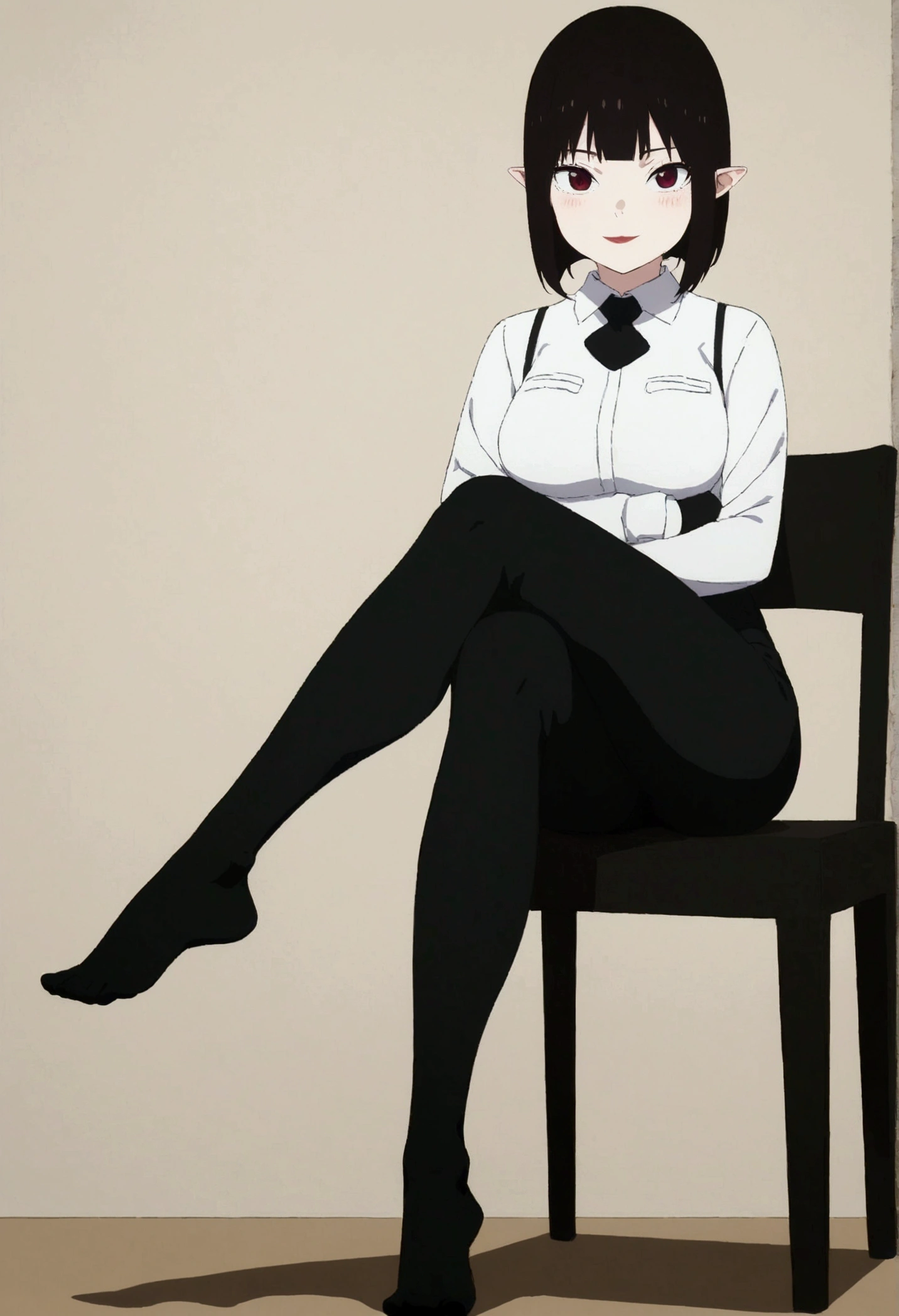 (work of art, ultra detali,high resolution,8K), 1 girl ,standing alone,hinterland,Look to viewer, TochaTortura, trunk,sheen,brunette skin,sitting on a chair,legs crossed,ssmile,black socks,blushed,lookin