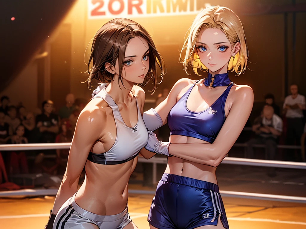 (2woman,A woman with short brown hair and a woman with short blonde hair、During a martial arts match、Brunette woman hits blonde woman:1.7)、((perfect anatomy:1.7,realistic,:1.3,RAW Photography:1.3,masterpiece、highest quality、Ultra - High resolution、High resolution、Highly detailed CG、8K)),cowboy shot,20 year old beauty、female martial arts athlete、beautiful detailed face and eyes,big and gorgeous eyes),dark blue eyes,(blonde hair,center parted bangs,big forehead,short hair),(large breasts,slender body,small head:1.4, toned body, gleaming skin,oily skin,shiny skgin),(Yellow Sports Bra、White sports shorts、yellow open finger gloves)、simple martial arts ring、dim lighting、parking lot、audience、