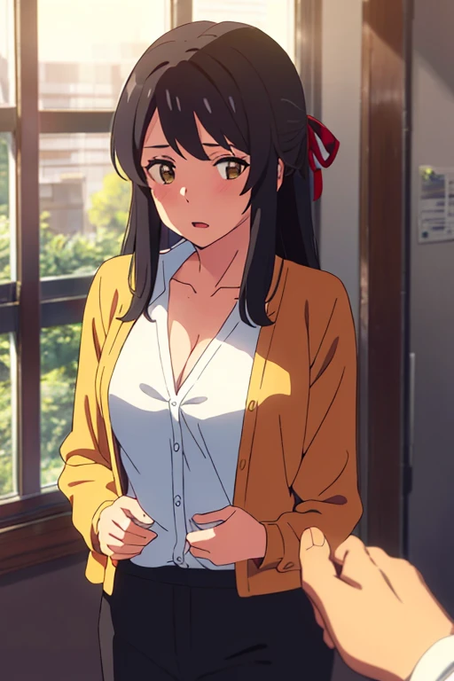 shinkai makoto, kimi no na wa., 1man, buzzut, mustache, wrinkle face, bangs swipe to te Right, office suit, man touching girl chest,chestgrope from behind, kiss cheeks, passionate hug, man is hugging from behind, 1girl, bangs, black hair, brown eyes, open mouth, Twisted Half Up, red ribbon, long hair, long sleeve light yellow cardigan, open shirt, yellow shirt, cleavage, breast, medium breast, Orange shirt, name tag written "LUMINE Miyamizu", looking at the viewer, indoors, leaning Against the wall, wall, masterpiece, perfect anatomy, cowboyshot, POV (POV boy's hand breastgroping POV)