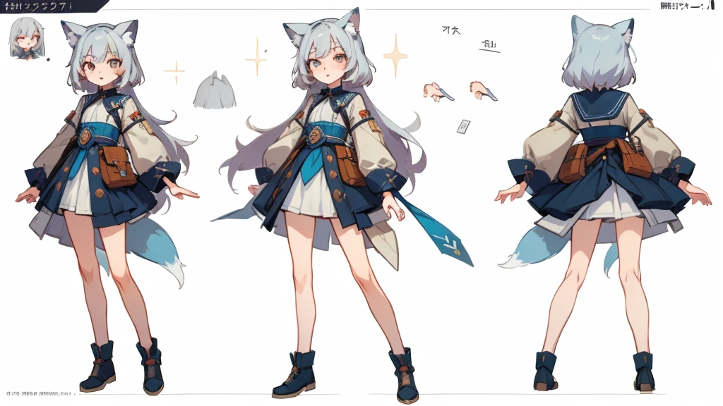 ((masterpiece, Highest quality)), ((tsurime)),Detailed face, Character Sheet, Full Body Lesbian, One girl,show,Full of details, Various poses and expressions, Very detailed, depth, A graceful wild fox girl with mostly silver hair, Sparkling eyes, Delicate skin, 青い髪のYouTuberCharacter Sheet, whole body, sexy