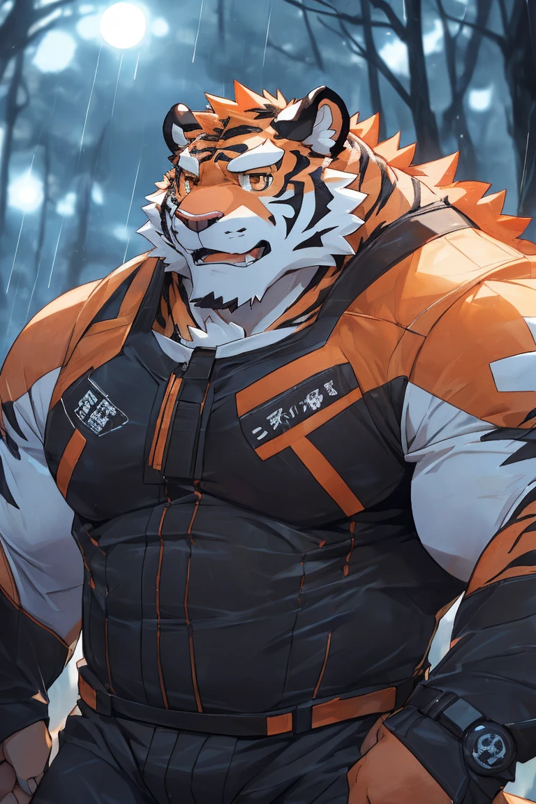 human nature, Wildlife, male,36 years old，Uncle， solitary, ((Round Face, The face is plump,Orange eyes,Thick orange hair，With scars)), ((Endomorph, Handsome，Hot Blood)), （Mecha suit，No electricity，exhaustion), ((domestic tiger, tiger，) Fluffy fur, Fluffy), Bokeh, (high quality, high resolution, masterpiece), (Dynamic Lighting, Vibrant colors), (Revitalize，harm，Disdain), Full body picture (close up), cartoon, author：Takemoto Arashi, From zixiong, By Chunni, author：Empty Ghost，（background：Rainy forest）