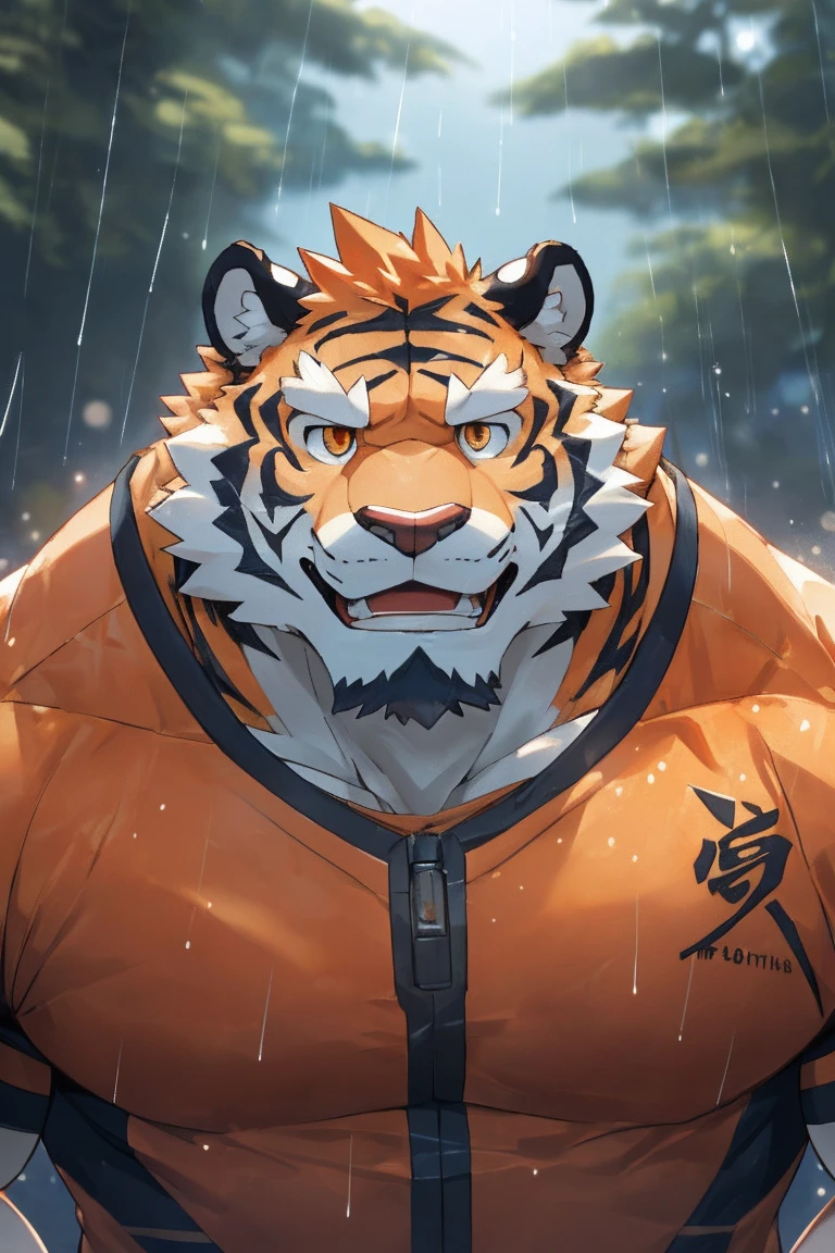 human nature, Wildlife, male,36 years old，Uncle， solitary, ((Round Face, The face is plump,Orange eyes,Thick orange hair，With scars)), ((Endomorph, Handsome，Hot Blood)), （Mecha suit，No electricity，exhaustion), ((domestic tiger, tiger，) Fluffy fur, Fluffy), Bokeh, (high quality, high resolution, masterpiece), (Dynamic Lighting, Vibrant colors), (Revitalize，harm，Disdain), Full body picture (close up), cartoon, author：Takemoto Arashi, From zixiong, By Chunni, author：Empty Ghost，（background：Rainy forest）