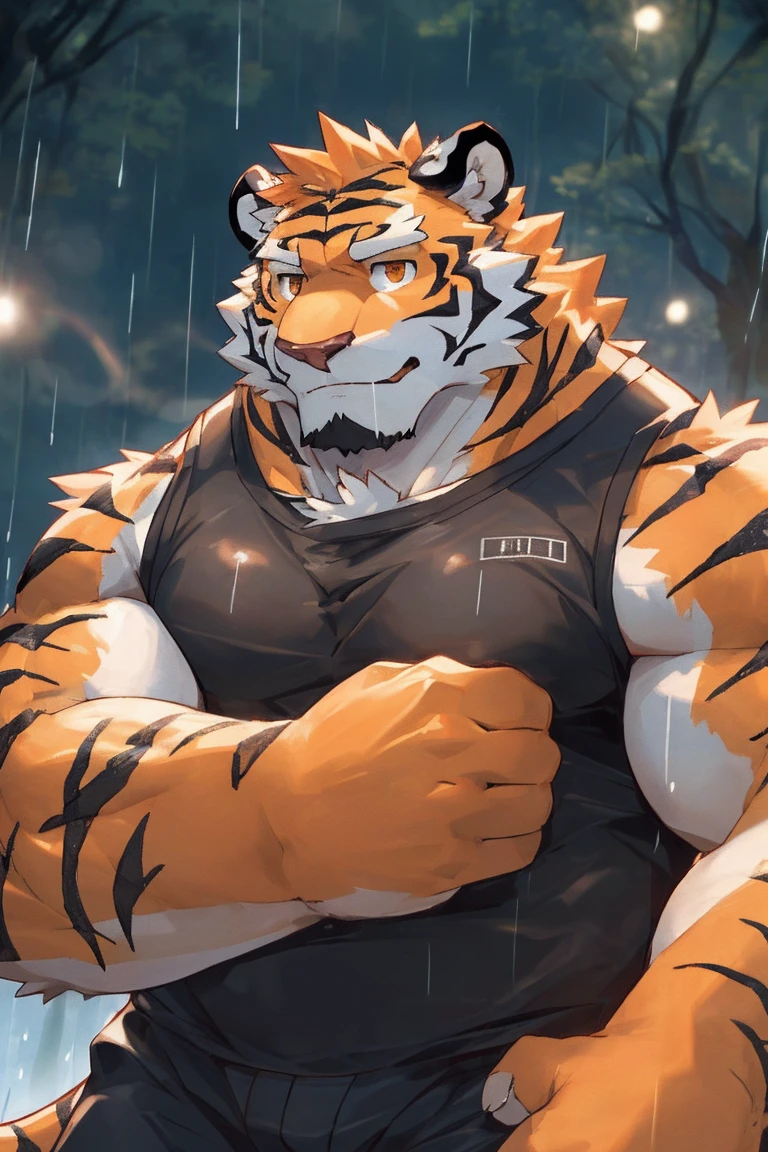 human nature, Wildlife, male,36 years old，Uncle， solitary, ((Round Face, The face is plump,Orange eyes,Thick orange hair，With scars)), ((Endomorph, Handsome，Hot Blood)), （Mecha suit，No electricity，exhaustion), ((domestic tiger, tiger，) Fluffy fur, Fluffy), Bokeh, (high quality, high resolution, masterpiece), (Dynamic Lighting, Vibrant colors), (Revitalize，harm，Disdain), Full body picture (close up), cartoon, author：Takemoto Arashi, From zixiong, By Chunni, author：Empty Ghost，（background：Rainy forest）