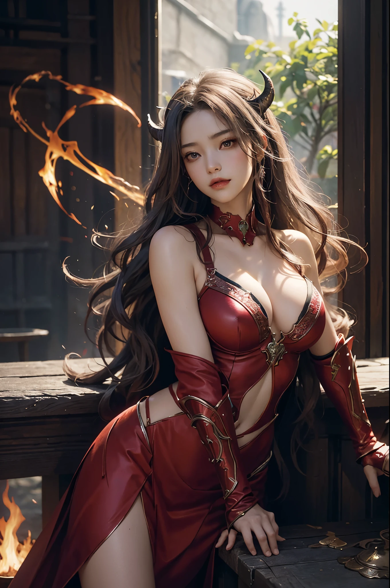 8K、赤いFlame-themed chest armor,A bewitching succubus in gorgeous red armor.,so beautiful(Like the real thing)、A long skirt with a luxurious red flame motif.,An Al-Afed woman poses for a photo with a sword and armour、Beautiful wavy silver hair、Big and ample breasts、Flame-themed chest armor(red and silver)2。5d cgi anime Fantasy artwork、Fan Art Mayor Art Station、デジタルFantasy art)、Big blow Loss Draw、Woman in armor、壮大なFantasy artスタイル、Beautiful Succubus、Charm、Beautiful fangs、Looking at the audience、Captivating Gaze、Laughter、masterpiece,masterpiece,Photorealistic RAW photos of the highest quality。Bright colors,Rich colors, Backlight, Cinema Lighting, Film Grain, to be born, 50mm lens, Nikon D850,Realistic Skin,Fantasy art,Character Art,Ultra-high resolution,Realistic scale skins,Goddess of Evil,Muscular Beauty,Extremely stiff abs,