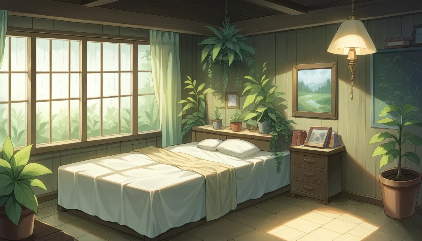 The image shows a cozy bedroom with a large window offering a view of a rainy forest. The bed is unmade with a rumpled golden-brown comforter. To the right, there is a bedside table with an illuminated classic lamp and some books or journals stacked beside it. The room has dark wood paneling, which contrasts with the greenery outside. There are potted plants on the inside window sill and more lush plants outside, enhancing the connection to nature. The rain on the window adds to the ambiance of tranquility and seclusion from the outside world.