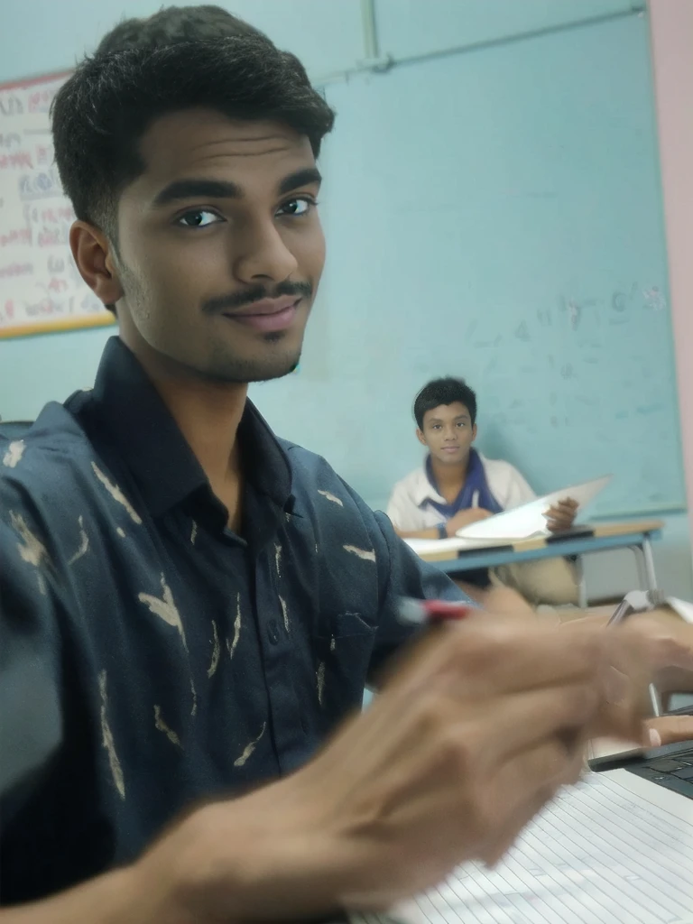 there is a man sitting at a desk with a laptop computer, in a classroom, blurry image, standing in class, student, in a school classroom, at college, candid picture, sitting in the classroom, ayan nag, very very low quality picture, with kind face, mohamed chahin style, very artistic pose, very accurate photo, looking at camera!!!