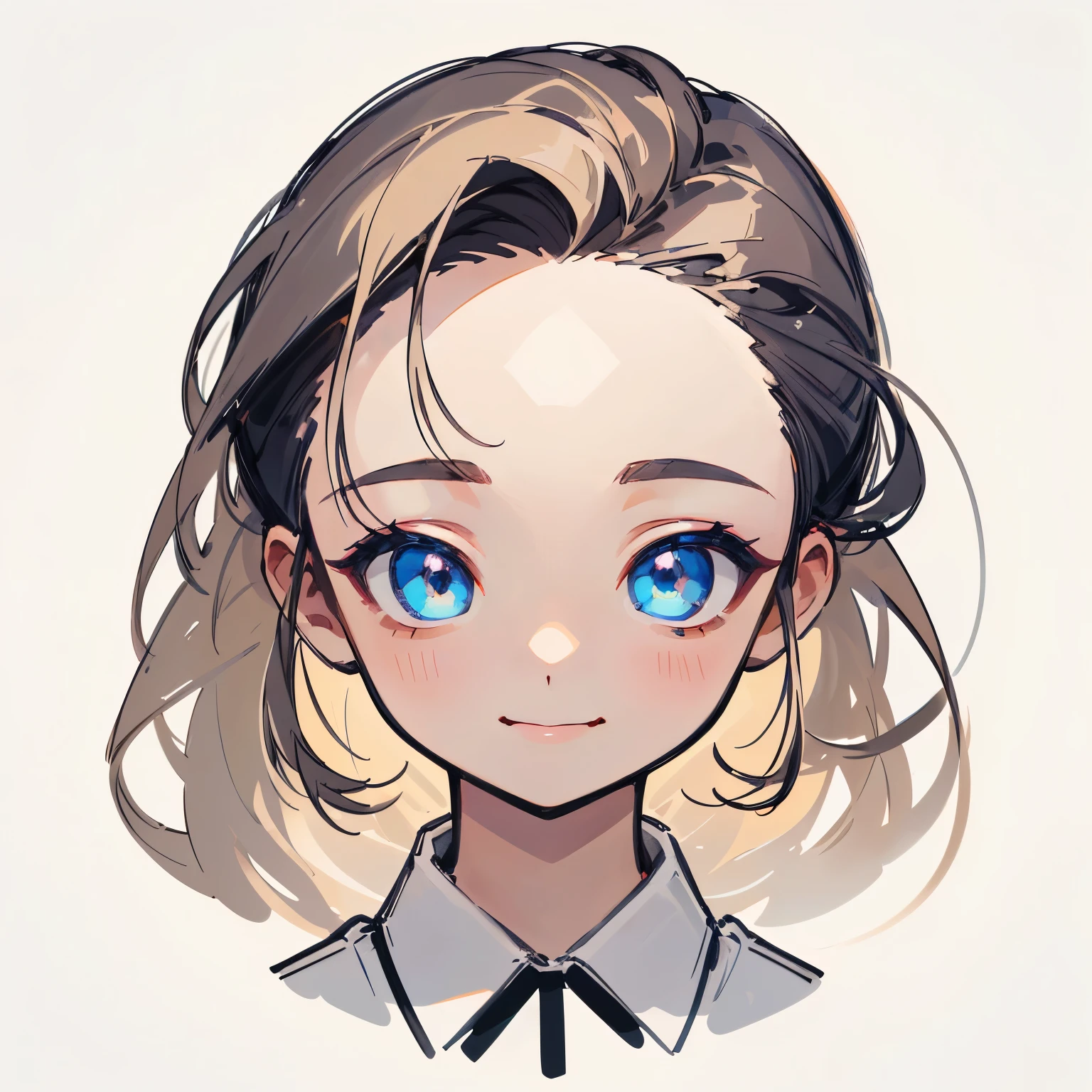 (masterpiece), ((best quality)), (super detailed), (beautiful eyes beautiful details eyes, Clean and delicate face), Single Braided blonde pony tail, parted bangs, forehead, blue eye, smile, white shirt, logo, logo for face of a girl, white background, centered, Blank all around