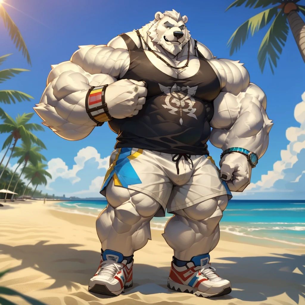 huge muscular polar bear in street city, big smile, polar bear, huge white fur, thick arm, huge arm, bearded. white hair and beard, bearded, (muscular, pectoral, wide pectoral, thick arms), beach, palm, realistic, 8k, detailed eyes, masterpiece, (wearing white shorts, wristband, watch and tank top, shoes)